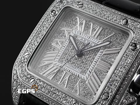 CARTIER 卡地亞 Santos 100 de Cartier 山度士 大型 經典 不鏽鋼材質 精鑲鑽石滿天星面盤、錶圈、錶扣&nbsp;自動上鍊 41mm