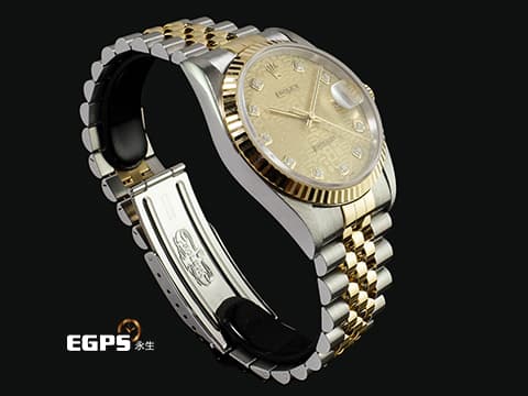 ROLEX 勞力士 DATEJUST 16233 蠔式日誌型 18K黃金 半金款 原廠鑲嵌鑽石時標 香檳金色紀念型面盤&nbsp;經典&nbsp;自動上鍊 36mm