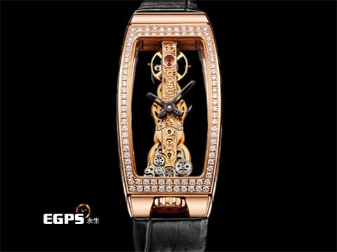 CORUM 崑崙 Gold Bridge 金橋 113.102.85&nbsp;經典 酒桶型 18K玫瑰金材質 雙側邊全透視錶殼 全鏤空設計&nbsp;原廠鑲嵌168顆鑽石錶圈（約0.65克拉）酒桶型錶殼線條流暢 當代美學 新錶訂價：約1,595,700元台幣 手上鍊 34x51mm