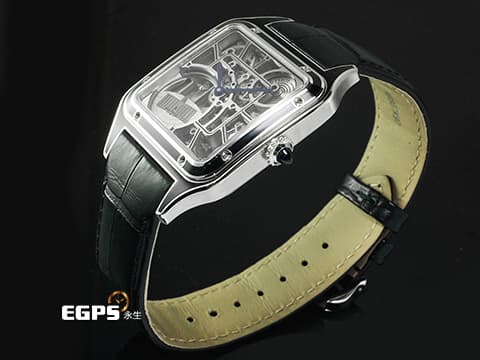 CARTIER 卡地亞 Santos-Dumont 山度士 杜蒙特 WHSA0044 黑色真漆不鏽鋼材質  飛機造型微型擺陀鏤空面盤  藍色凸圓形合成尖晶石錶冠 2026年保卡&nbsp;自動上鍊 31mm