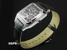 CARTIER 卡地亞 Santos-Dumont 山度士 杜蒙特 WHSA0044 黑色真漆不鏽鋼材質 <font color="#49bcd7"> 飛機造型微型擺陀鏤空面盤 </font> <font color="#ffff55">藍色凸圓形合成尖晶石錶冠</font> <font color="#FF0000">2026年保卡&nbsp;</font>自動上鍊 31mm