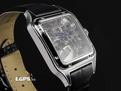 CARTIER 卡地亞 Santos-Dumont 山度士 杜蒙特 WHSA0044 黑色真漆不鏽鋼材質  飛機造型微型擺陀鏤空面盤  藍色凸圓形合成尖晶石錶冠 2026年保卡&nbsp;自動上鍊 31mm