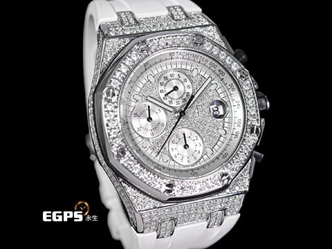 Audemars Piuget 愛彼 AP錶 Royal Oak Offshore &nbsp;皇家橡樹離岸型 不鏽鋼材質    精鑲鑽石滿天星面盤、鑲鑽錶圈、鑲鑽錶殼 &nbsp;自動上鍊 計時碼表 42mm