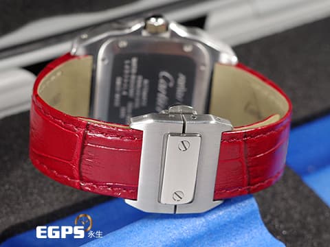 CARTIER 卡地亞 Santos 100 山度士 中型 精鑲滿天星鑽石面盤、鑲鑽錶圈&nbsp;紅色客製化皮革錶帶 自動上鍊 36mm