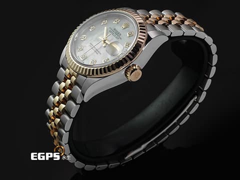 ROLEX 勞力士 Lady-Datejust 28 永恆玫瑰金 279171 18K玫瑰金材質 半金款 原廠鑲嵌鑽石時標 白色珍珠貝母面盤 2026年保卡   紀念型五珠錶帶&nbsp;自動上鍊 28mm