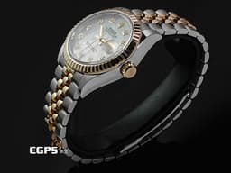 ROLEX 勞力士 Lady-Datejust 28 永恆玫瑰金 279171 18K玫瑰金材質 半金款 <font color="#05f0f0">原廠鑲嵌鑽石時標 白色珍珠貝母面盤</font> <font color="#ff0000">2026年保卡   紀念型五珠錶帶</font>&nbsp;自動上鍊 28mm
