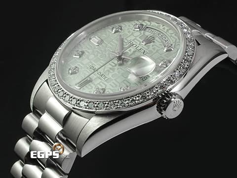 ROLEX 勞力士 Oyster Perpetual Day-Date 18346 蠔式 DD 星期日曆型 PT950 鉑金材質&nbsp;原廠鑲嵌鑽石錶圈、時標 冰藍色經典電腦浮雕紀念面盤『極為少見的鉑金羚羊頭圖騰』＊絕版增值中 自動上鏈 36mm