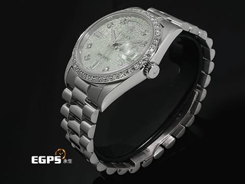 ROLEX 勞力士 Oyster Perpetual Day-Date 18346 蠔式 DD 星期日曆型 PT950 鉑金材質&nbsp;原廠鑲嵌鑽石錶圈、時標 冰藍色經典電腦浮雕紀念面盤『極為少見的鉑金羚羊頭圖騰』＊絕版增值中 自動上鏈 36mm