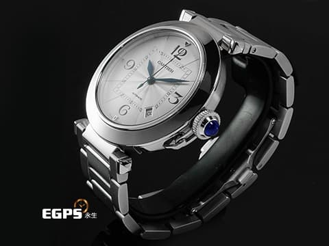 CARTIER 卡地亞 PASHA DE CARTIER 帕夏 WSPA0009 大型款 不鏽鋼材質&nbsp;「SmartLink」快拆式錶帶 極具辨識度的鑲嵌藍色尖晶石錶冠鎖設計&nbsp;2023年保卡&nbsp;自動上鏈 41mm