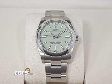 ROLEX 勞力士 Oyster Perpetual 34 蠔式恆動型 124200 最新款 開心果綠色面盤&nbsp;OP34 不鏽鋼 大三針&nbsp;2025年保卡 自動上鍊 34mm