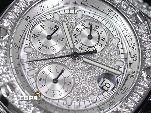 Audemars Piuget 愛彼 AP錶 Royal Oak Offshore &nbsp;皇家橡樹離岸型 不鏽鋼材質    精鑲鑽石滿天星面盤、鑲鑽錶圈、鑲鑽錶殼 &nbsp;自動上鍊 計時碼表 42mm