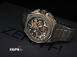 ZENITH 真力時 Defy Extreme 高震頻 87.9100.9004/03.I001 鈦金屬+<font color="#ffba6b">玫瑰金材質 鏤空面盤</font> 1/100秒 計時碼表&nbsp;<font color="#FF0000">2022年台灣公司貨 新式易拆卸替換錶帶裝置 附帆布錶帶、橡膠錶帶 </font>自動上鍊 45mm