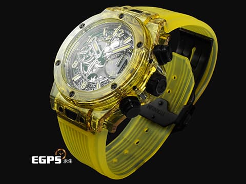 Hublot 宇舶 BIG BANG Unico 大爆炸 三日鍊 飛返計時碼錶 441.JY.4909.RT 黃色拋光藍寶石水晶材質錶殼 原廠特殊水晶材質錶盒 鏤空面盤 2021年保卡 限量100支 新錶訂價：3,270,000元&nbsp;自動上鍊 42mm