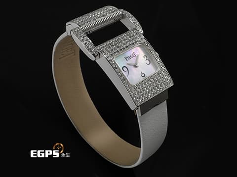 PIAGET 伯爵錶 Miss Protocole 18K白金材質&nbsp;白色珍珠貝母面盤 精鑲鑽石錶圈、錶耳 石英機芯 17x44mm