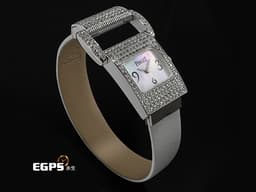 PIAGET 伯爵錶 Miss Protocole 18K白金材質&nbsp;<font color="#05f0f0">白色珍珠貝母面盤</font> 精鑲鑽石錶圈、錶耳 石英機芯 17x44mm