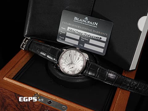 BLANCPAIN 寶珀 Villeret系列 Quantième Annuel GMT 雙時區 年曆錶 6670-1542-55B&nbsp;銀白色放射雕紋面盤&nbsp;18K白金 兩地時區 年曆功能&nbsp;2022年台灣公司貨&nbsp;自動上鍊 40mm