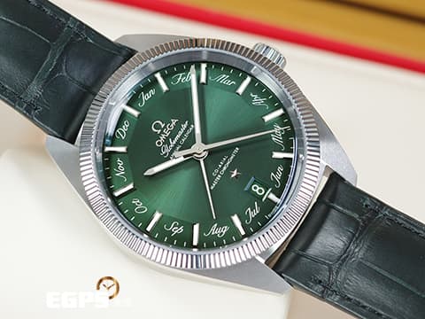 OMEGA 歐米茄 Constellation 星座 Globemaster Annual Calendar 系列&nbsp;&nbsp;13033412210001「Pie Pan Dial 多邊型立體綠色錶盤」碳化鎢材質外圈&nbsp;年曆錶&nbsp;不鏽鋼&nbsp;2022年台灣公司貨&nbsp;同軸擒縱&nbsp;自動上鏈 41mm