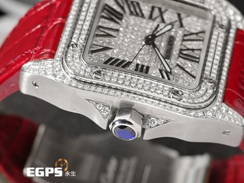 CARTIER 卡地亞 Santos 100 山度士 中型 精鑲滿天星鑽石面盤、鑲鑽錶圈&nbsp;紅色客製化皮革錶帶 自動上鍊 36mm