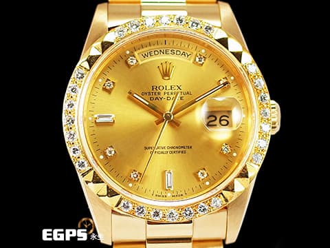 ROLEX 勞力士 DAY-DATE 蠔式星期日誌型 DD 36 18238 18K黃金材質&nbsp;原廠鑲嵌鑽石時標 金色面盤 精鑲金字塔鑽圈 自動上鍊 36mm