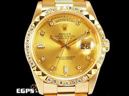 ROLEX 勞力士 DAY-DATE 蠔式星期日誌型 DD 36 18238 18K黃金材質&nbsp;<font color="#05f0f0">原廠鑲嵌鑽石時標 金色面盤</font><font color="#FF0000"> 精鑲金字塔鑽圈 </font>自動上鍊 36mm