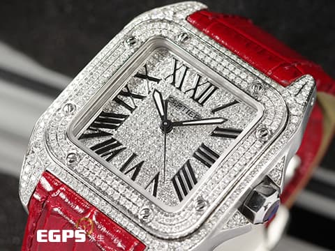 CARTIER 卡地亞 Santos 100 山度士 中型 精鑲滿天星鑽石面盤、鑲鑽錶圈&nbsp;紅色客製化皮革錶帶 自動上鍊 36mm