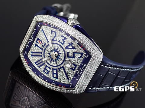 Franck Muller 法蘭穆勒 FM Vanguard Yachting 遊艇系列  V45 SC DT 精鑲滿天星鑽錶  滿滿的美鑽耀眼奪目，絕對是目光的焦點&nbsp;自動上鏈 44x54 mm