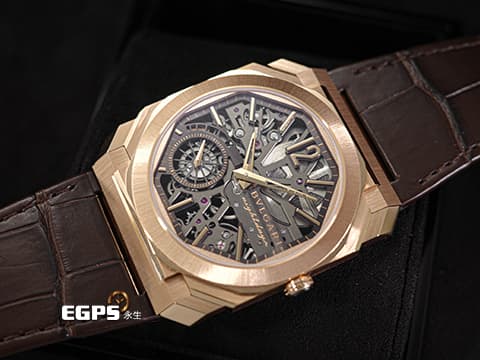 BVLGARI 寶格麗 Bulgari Octo Finissimo系列 Skeleton 8 Days 八日鍊 103667 玫瑰金材質&nbsp;超薄5.95mm 鏤空面盤 動力顯示 經典八角形多稜角設計錶框 小秒針 2025年台灣公司貨&nbsp;手上鏈 40mm