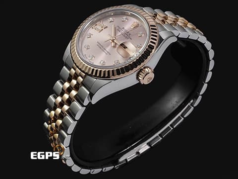ROLEX 勞力士 Lady-Datejust 28 蠔式日誌型 279171 18K永恆玫瑰金 半金款 DJ28 原廠鑲嵌鑽石18K金星形底座 經典三角坑紋錶圈 2021年保卡 紀念型（Jubilee）五銖錶帶 自動上鍊 28mm