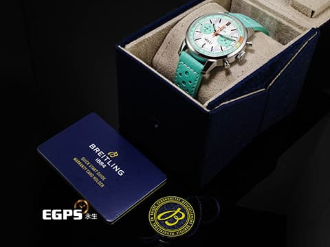 BREITLING 百年靈 Top Time B01系列 Fausto Coppi AB01768A1A1X1 不鏽鋼材質 綠松石色小錶盤&nbsp; 橙色閃電形秒針&nbsp;自製B01機芯 2025年保單 限量750支 自動上鍊 41mm