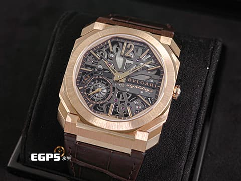 BVLGARI 寶格麗 Bulgari Octo Finissimo系列 Skeleton 8 Days 八日鍊 103667 玫瑰金材質&nbsp;超薄5.95mm 鏤空面盤 動力顯示 經典八角形多稜角設計錶框 小秒針 2025年台灣公司貨&nbsp;手上鏈 40mm