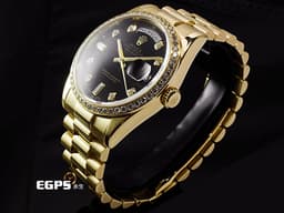 ROLEX 勞力士 Oyster Perpetual Day-Date 118348 蠔式 18K黃金材質 <font color="#05f0f0">原廠鑲嵌鑽石錶圈、時標 黑色面盤</font> <font color="#ff0000">已回勞力士原廠做保養 延長保固到2028年5月</font> 自動上鏈 36mm