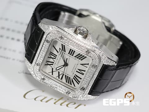 CARTIER 卡地亞 Santos 100 山度士 中型 白色面盤 精鑲鑽框 黑色羅馬數字 經典大三針 黑色皮錶帶 自動腕錶 36mm