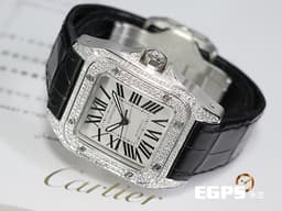 CARTIER 卡地亞 Santos 100 山度士 中型 白色面盤 精鑲鑽框 黑色羅馬數字 經典大三針 黑色皮錶帶 自動腕錶 36mm