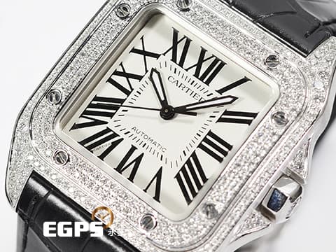CARTIER 卡地亞 Santos 100 山度士 中型 白色面盤 精鑲鑽框 黑色羅馬數字 經典大三針 黑色皮錶帶 自動腕錶 36mm
