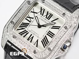 CARTIER 卡地亞 Santos 100 山度士 中型 白色面盤 精鑲鑽框 黑色羅馬數字 經典大三針 黑色皮錶帶 自動腕錶 36mm