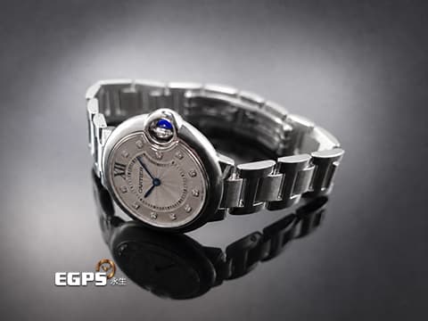 Cartier 卡地亞 Ballon Bleu de Cartier 藍氣球 W4BB0020 不鏽鋼材質 銀色面盤guilloché紋理 羅馬數字12點加鑽石時標&nbsp;藍鋼劍形指針&nbsp;石英機芯 33mm