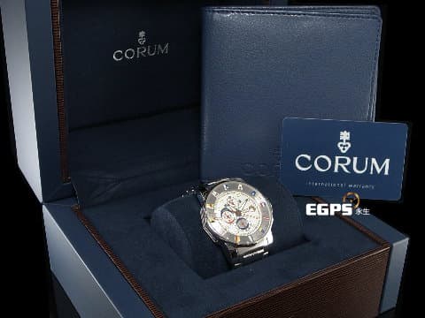 CORUM 崑崙 Admiral's cup 海軍上將 白色面盤 潮汐功能 彩繪海事旗外圈 977.630.20 自動上鍊 鍊帶款 44mm