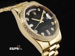ROLEX 勞力士 Oyster Perpetual Day-Date 118348 蠔式 18K黃金材質 <font color="#05f0f0">原廠鑲嵌鑽石錶圈、時標 黑色面盤</font> <font color="#ff0000">已回勞力士原廠做保養 延長保固到2028年5月</font> 自動上鏈 36mm