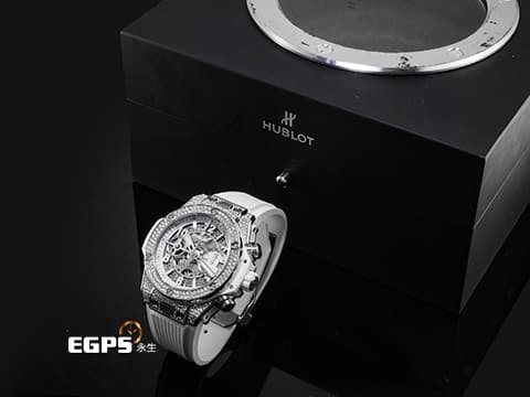 Hublot 宇舶 BIG BANG 大爆炸 Unico Titanium&nbsp;441.NE.2011.RW.1704 鈦金屬材質 原廠鑲嵌170顆鑽石錶殼（共0.8克拉） 126顆鑽石錶圈（共1.1克拉） 2024年電子保單 飛返計時碼錶 自動上鍊 42mm