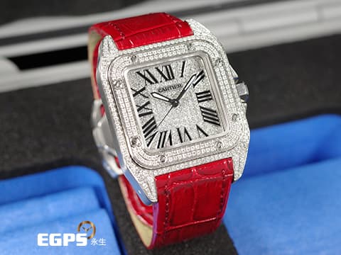 CARTIER 卡地亞 Santos 100 山度士 中型 精鑲滿天星鑽石面盤、鑲鑽錶圈&nbsp;紅色客製化皮革錶帶 自動上鍊 36mm