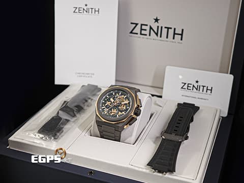 ZENITH 真力時 Defy Extreme 高震頻 87.9100.9004/03.I001 鈦金屬+玫瑰金材質 鏤空面盤 1/100秒 計時碼表&nbsp;2022年台灣公司貨 新式易拆卸替換錶帶裝置 附帆布錶帶、橡膠錶帶 自動上鍊 45mm