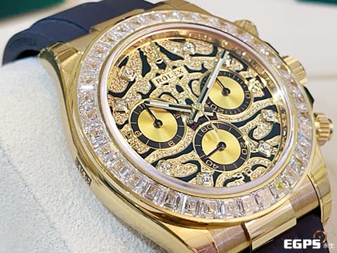 ROLEX 勞力士 DAYTONA 迪通拿 116588TBR 黃K金材質 116588 TBR 原鑲鑽錶，抽象虎紋滿天星鑽面，鑲鑽時標，大梯鑽錶圈， 已經絕種的猛虎面  2021保單 原廠膠膜齊全 未使用珍稀品，停產款 稀有釋出！ 足球巨星內馬爾Neymar 同款 40mm