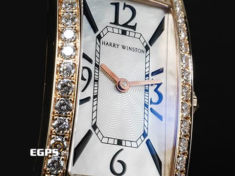 Harry Winston 海瑞溫斯頓  Avenue Aurora 330LQR 18K玫瑰金材質 原廠鑲嵌鑽石錶圈 銀白色珍珠貝母面盤&nbsp;石英機芯 39x19mm