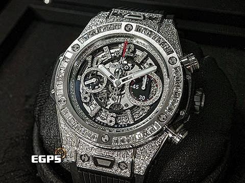 HUBLOT 宇舶 Big Bang Unico 45 Titanium 大爆炸 411.NE.2010.LR.JSM15 鈦金屬 飛返 計時碼表 精鑲鑽石、梯鑽錶框、鑽石時標 鏤空面盤 自動上鍊 45mm
