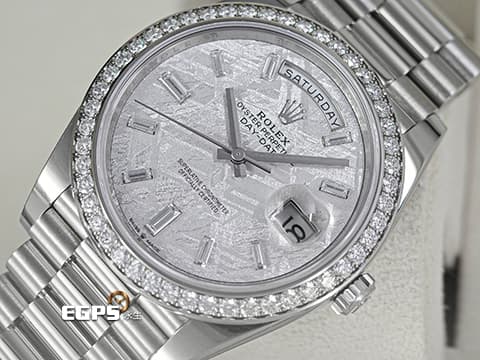 ROLEX 勞力士 DayDate 40 蠔式 星期日曆型 228349RBR Met Meteorite 隕石面盤 梯鑽時標&nbsp;原廠鑽圈 228349RBR 經典 DD40 18K白金材質&nbsp;2026年保單 元首型（President）錶帶 總統帶&nbsp;自動上鍊&nbsp;40mm