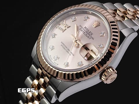 ROLEX 勞力士 Lady-Datejust 28 蠔式日誌型 279171 18K永恆玫瑰金 半金款 DJ28 原廠鑲嵌鑽石18K金星形底座 經典三角坑紋錶圈 2021年保卡 紀念型（Jubilee）五銖錶帶 自動上鍊 28mm