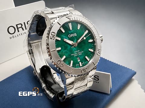 ORIS豪利時 Oris Aquis Date x Bracenet特別版 0173377304137 獨一無二的綠色萬花筒紋理 每支紋路皆不同 海洋保護聯名款 原廠膠膜全新未拆封&nbsp;不鏽鋼材質 2025年保單 潛水錶 自動上鍊 43.5mm