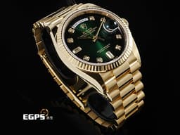 ROLEX 勞力士 蠔式 Day-Date 36 DD 128238 18K黃金材質 <font color="#70cce1"> 原鑲鑽石時標</font> <font color="#32CD32"> 漸變綠色面盤 </font> <font color="#FF0000">2020年新式保卡</font> 自動上鍊 36mm