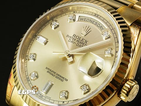 ROLEX 勞力士 Day-Date 36 蠔式 星期日曆型 118238A 原廠鑽石時標 皇帝金色面盤 18K黃金材質 DD36 經典三角坑紋錶圈 118238 A 元首型（President）錶帶 總統帶 自動上鍊 36mm
