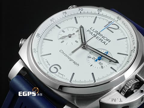 PANERAI 沛納海 Luminor Chrono PAM1218 計時碼表 白色三明治夜光面盤 PAM01218 藍色小秒針 不鏽鋼 2022年保單 自動上鍊 44mm